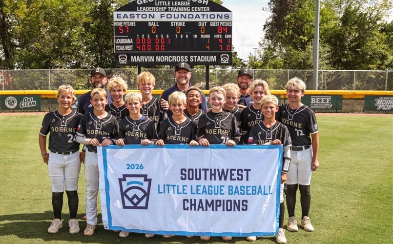 Boerne all-stars with their 2026 Southwest Little League Baseball Champions banner